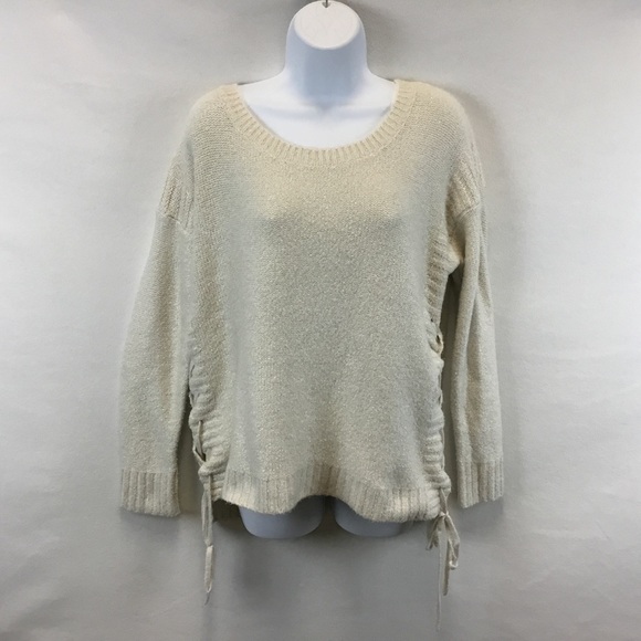 Lucky Brand Cream Soft Silver Metallic Thread Lace Up Sweater. - Picture 2 of 9